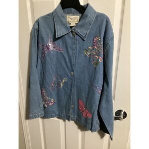 VTG tantrums jean Butterfly embroidered denim shirt LG